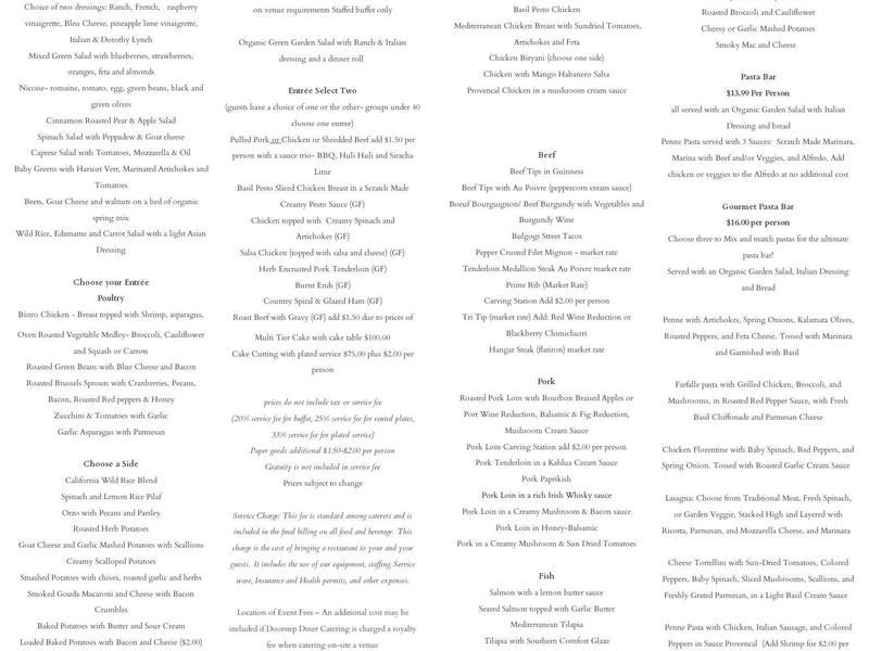 Doorstep Diner Catering Menu