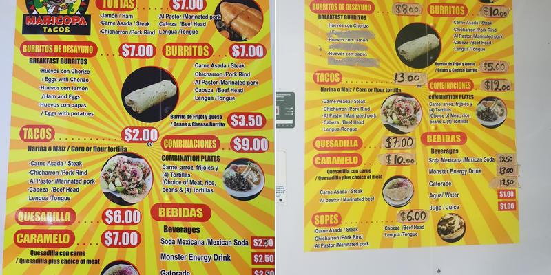 Maricopa Tacos Menu
