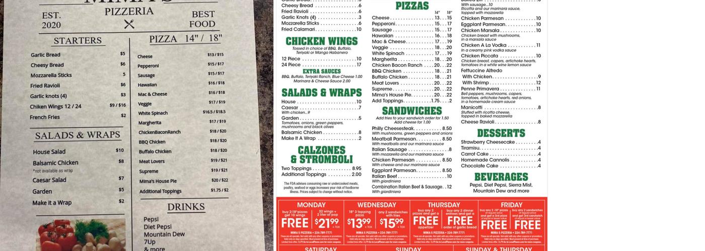 Mima's Pizzeria Menu