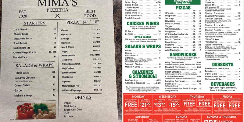 Mima's Pizzeria Menu