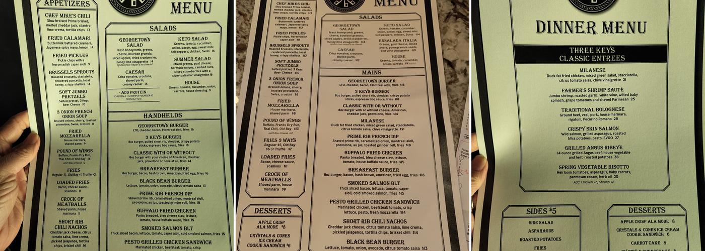 3 Keys Restaurant & Georgetown Tavern Menu