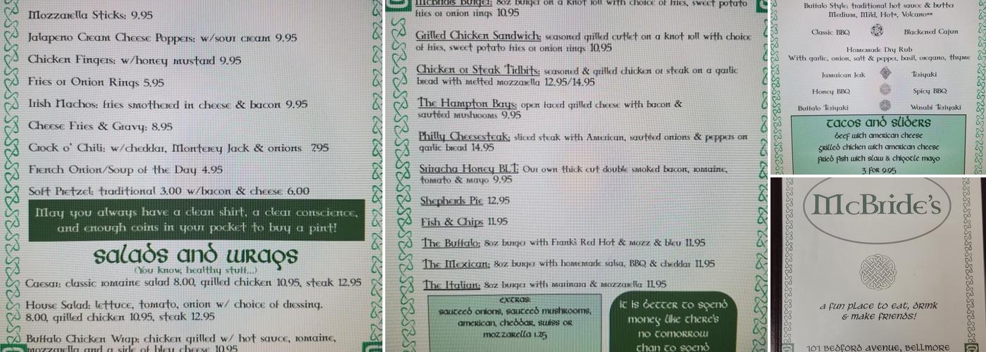 McBride's Menu