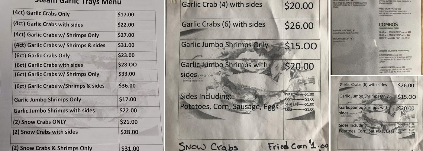 Artie's Seafood Menu