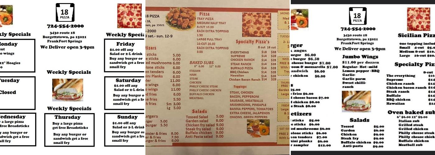 Rt 18 Pizza Menu
