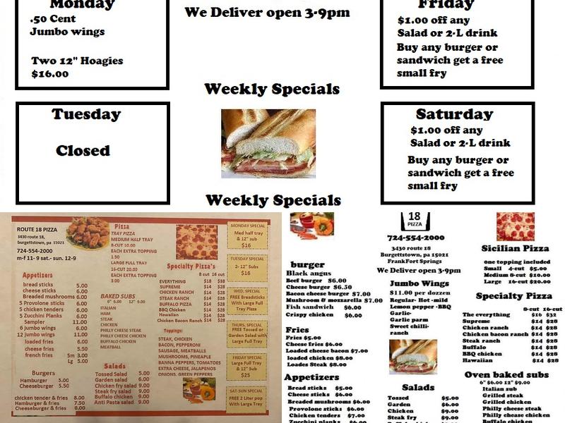 Rt 18 Pizza Menu