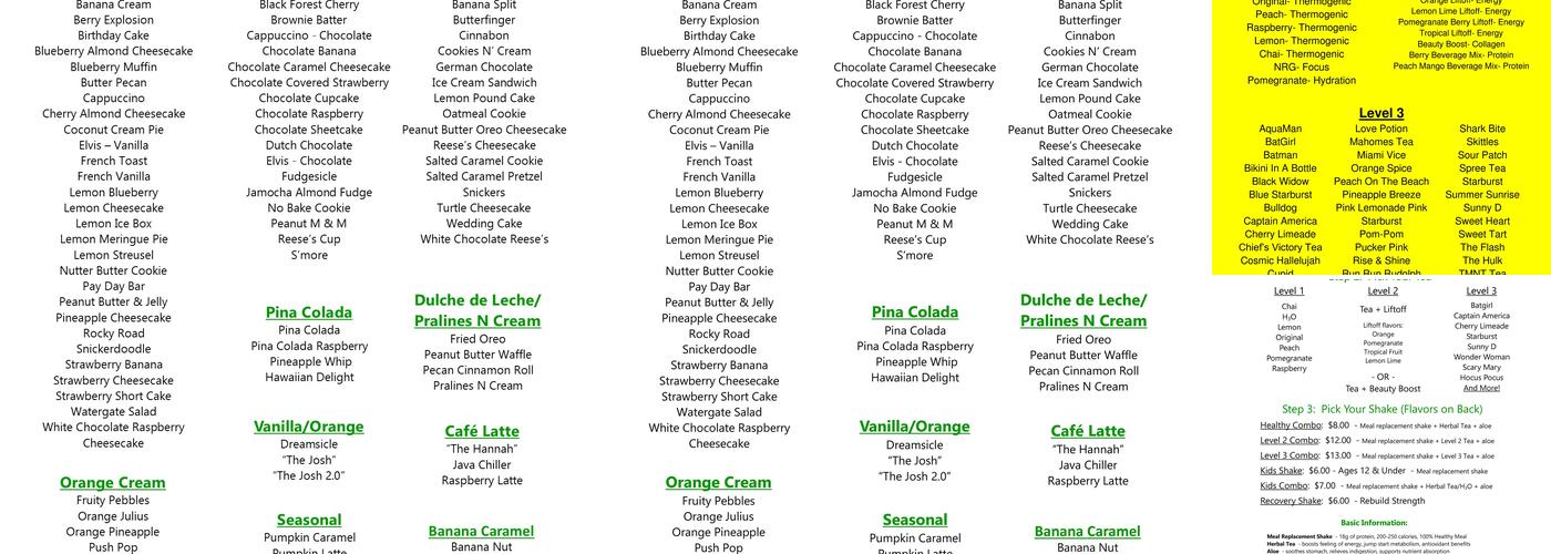 Peak Nutrition Menu