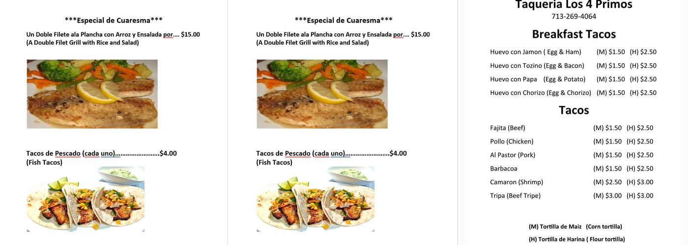 Taqueria Movil Los 4 Primos Menu