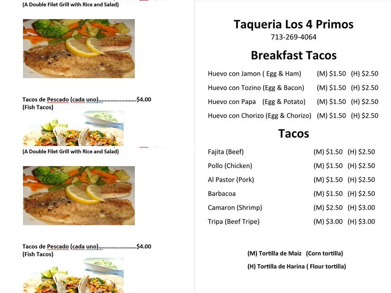 Taqueria Movil Los 4 Primos Menu