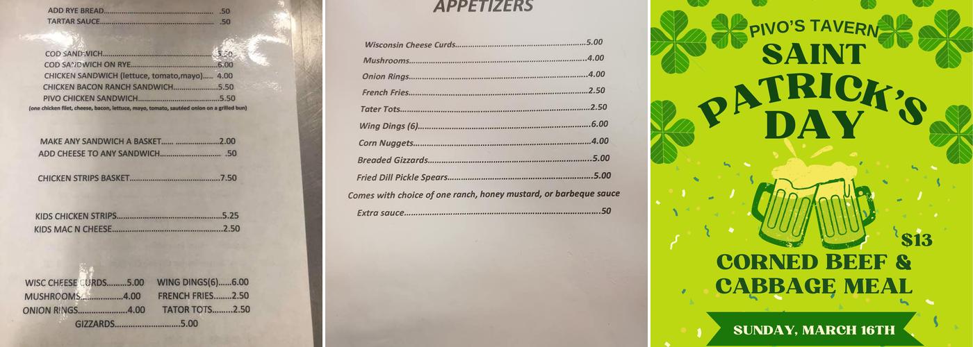 Pivo’s Tavern Menu