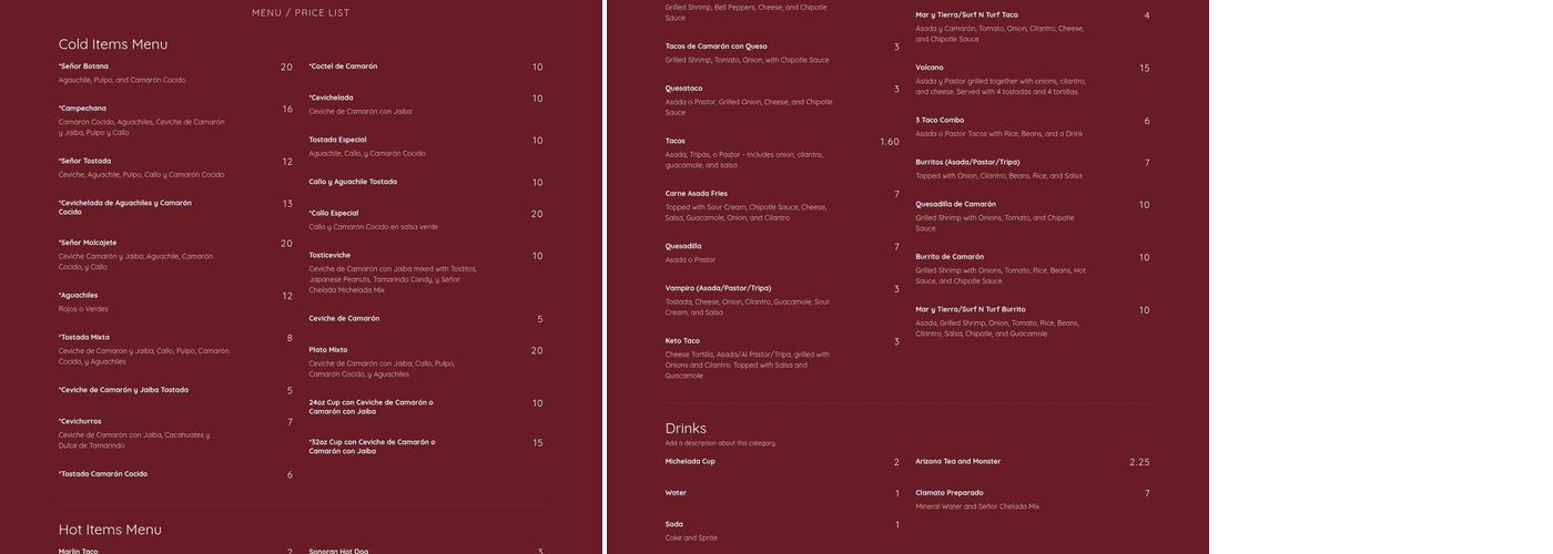 Senor Chelada Food Truck Menu