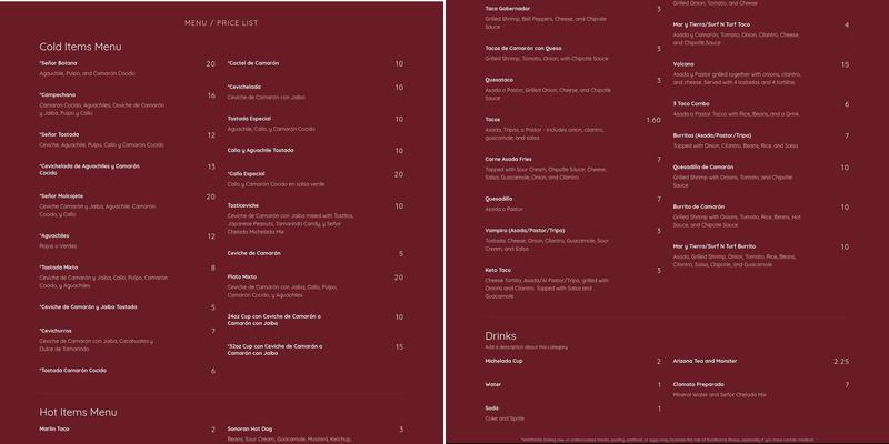 Senor Chelada Food Truck Menu