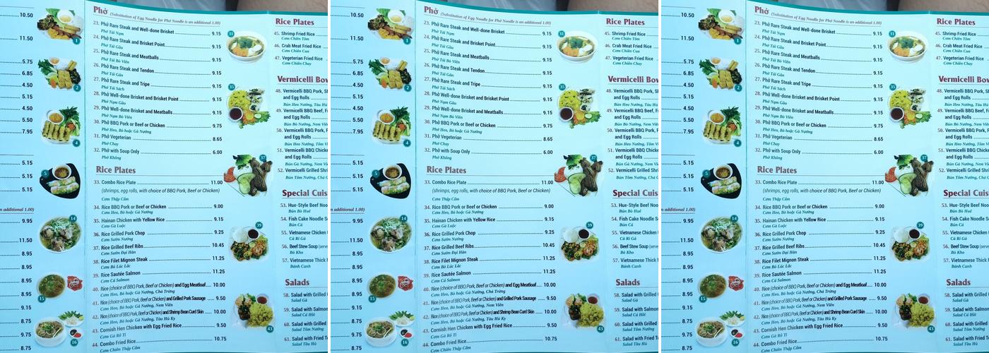 Pho Van Menu
