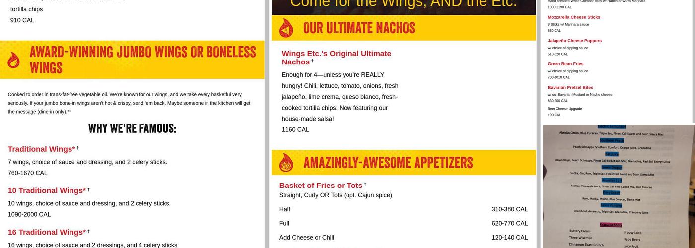 Wings Etc. Menu
