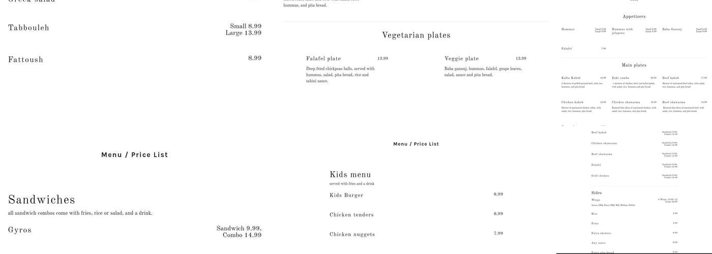 Zukis Pita Menu
