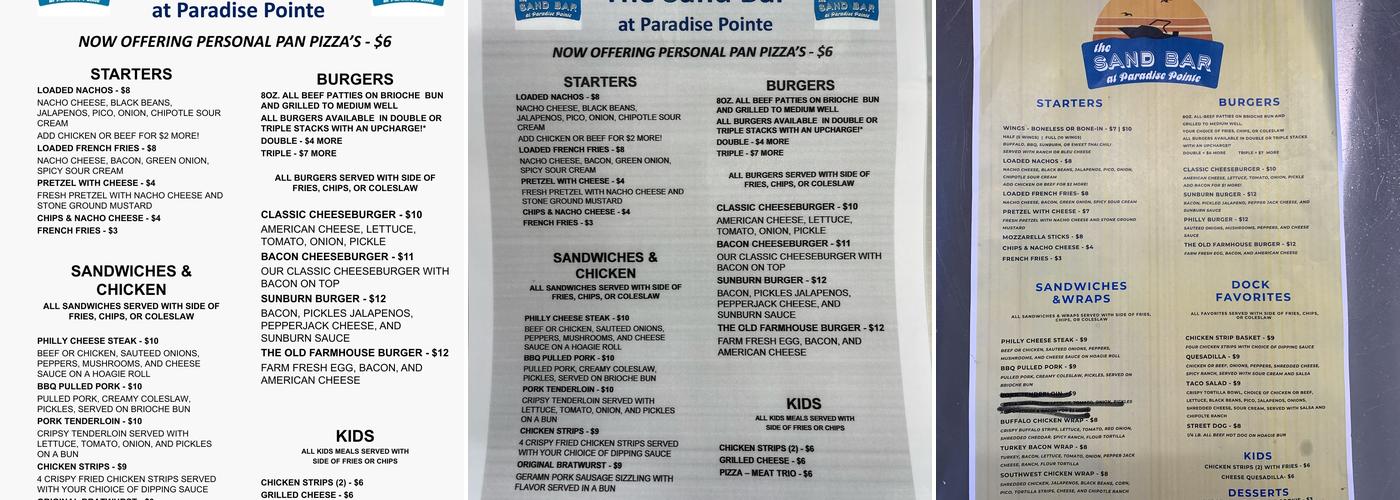 The Sand Bar at Paradise Pointe Menu