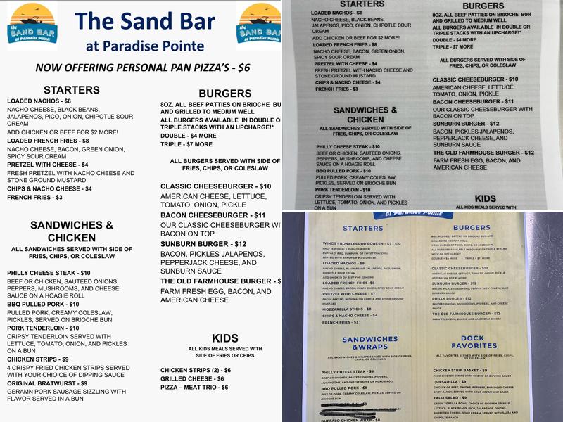 The Sand Bar at Paradise Pointe Menu