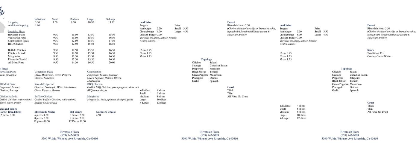 Riverdale Pizza Menu