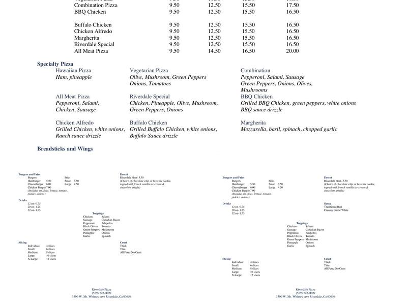 Riverdale Pizza Menu