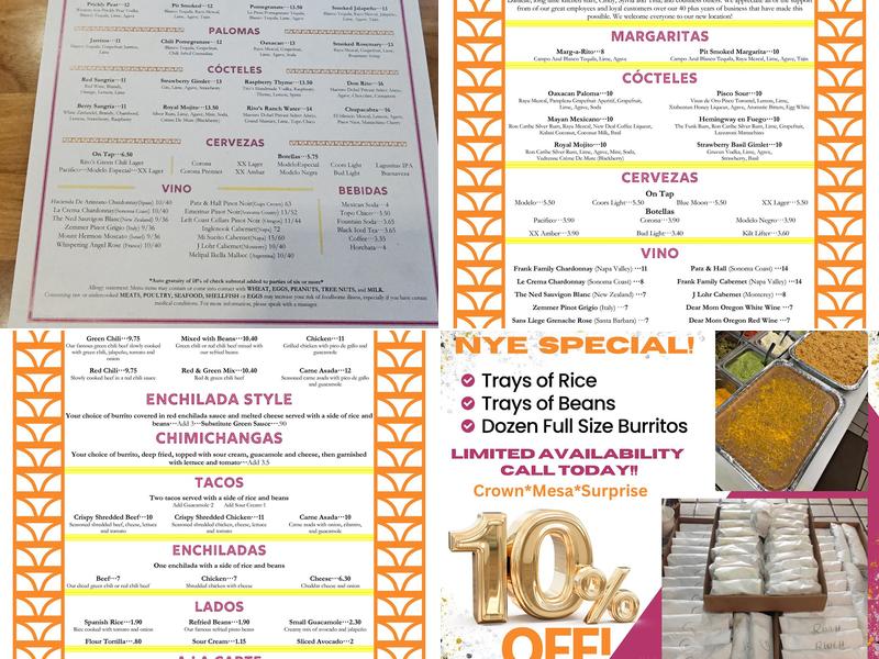 Rito's Mexican Food Menu