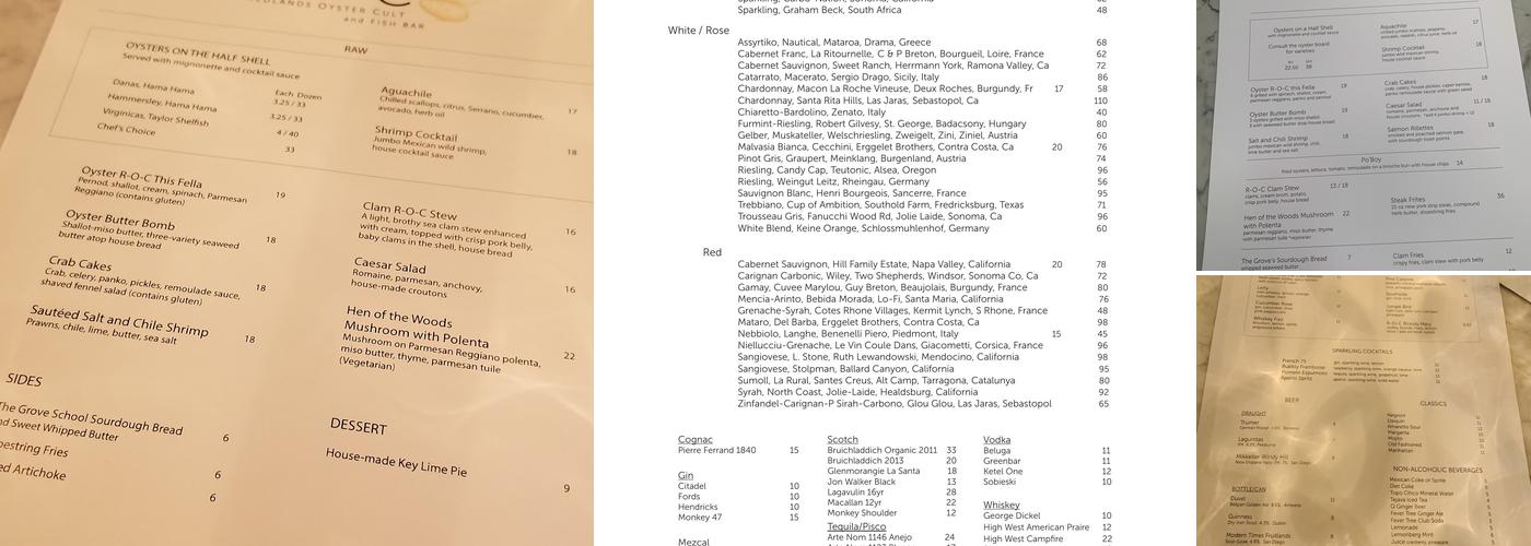 Redlands Oyster Cult Menu