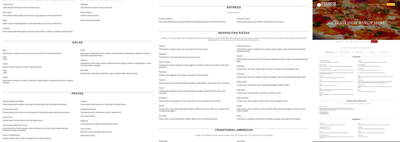 Pizzo's Pizzeria at Millenia Otay Ranch Menu