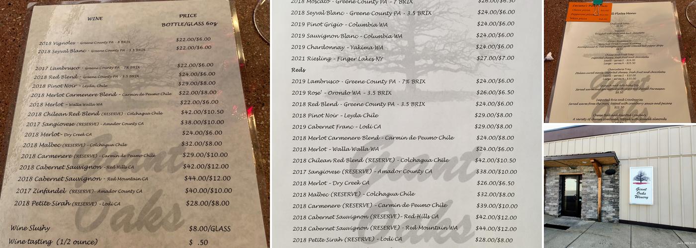 Giant Oaks Winery Menu