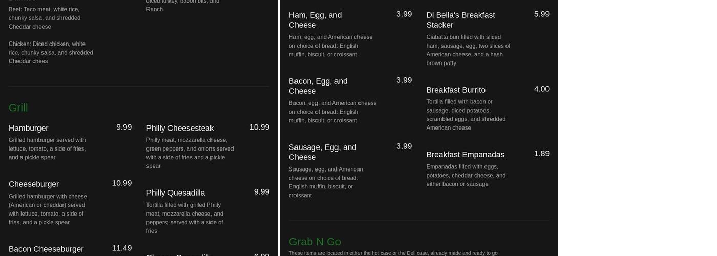 Di Bella's Grill and More! Menu
