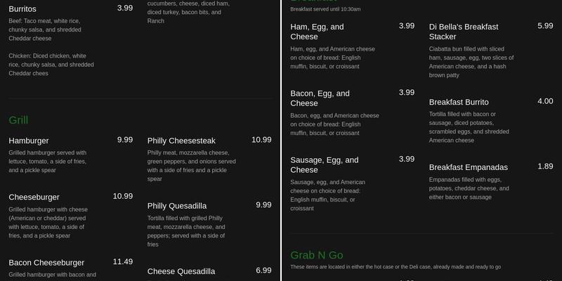 Di Bella's Grill and More! Menu