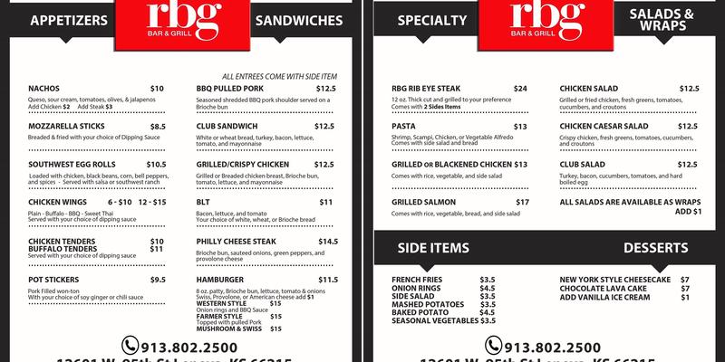 rbg Bar & Grill Lenexa Menu