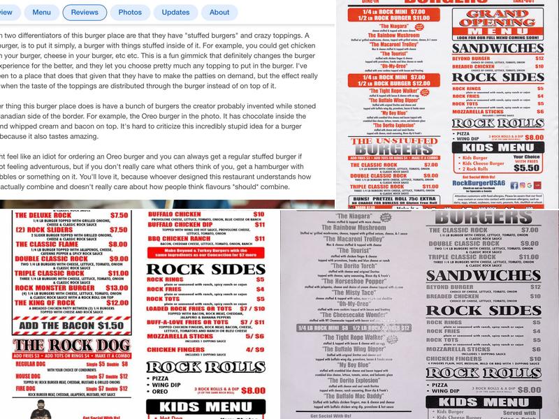 Rock Burger Tonawanda Menu