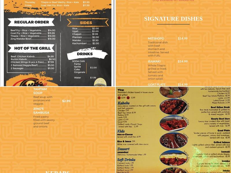 Tam Tam Zings Bar & Grill Menu