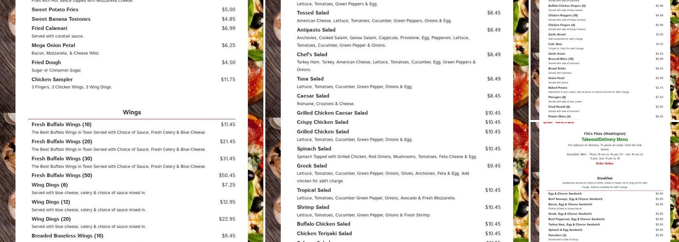 Fila's Pizza Menu