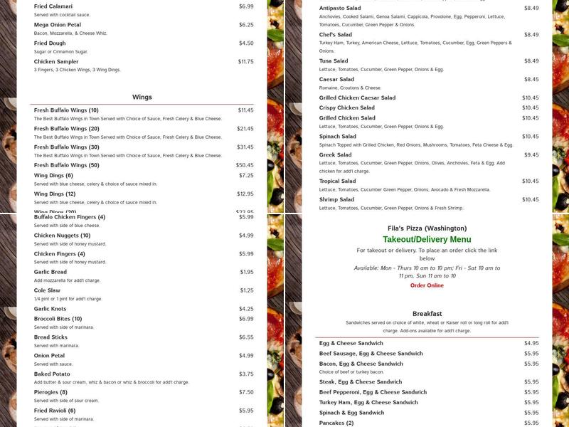 Fila's Pizza Menu