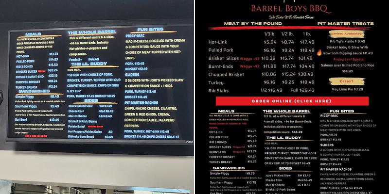 Barrel Boys BBQ Menu