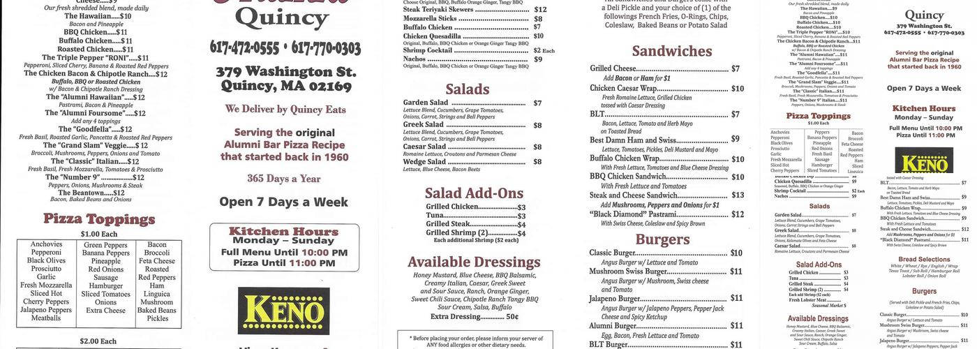 Alumni Pizza Quincy Menu