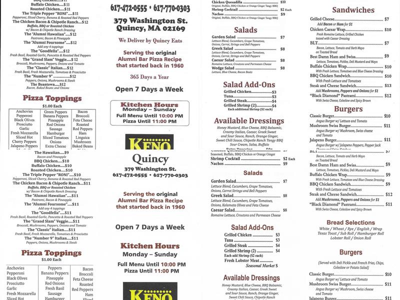 Alumni Pizza Quincy Menu