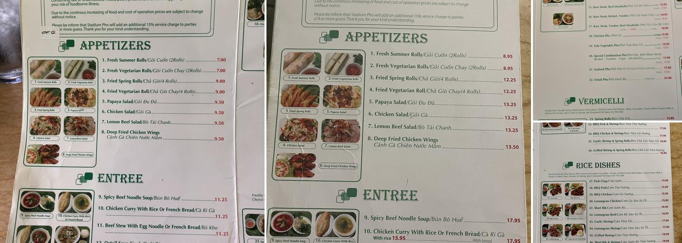 Stadium Phở Menu