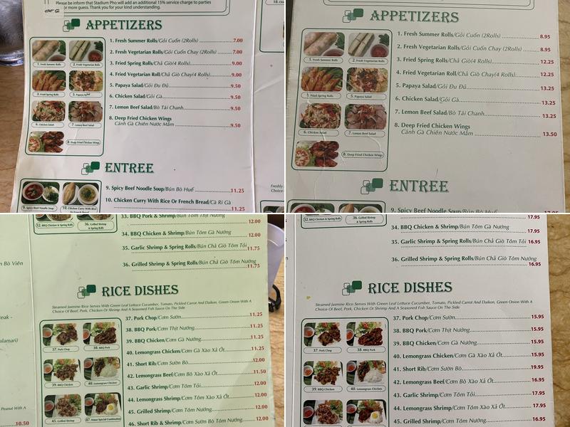 Stadium Phở Menu