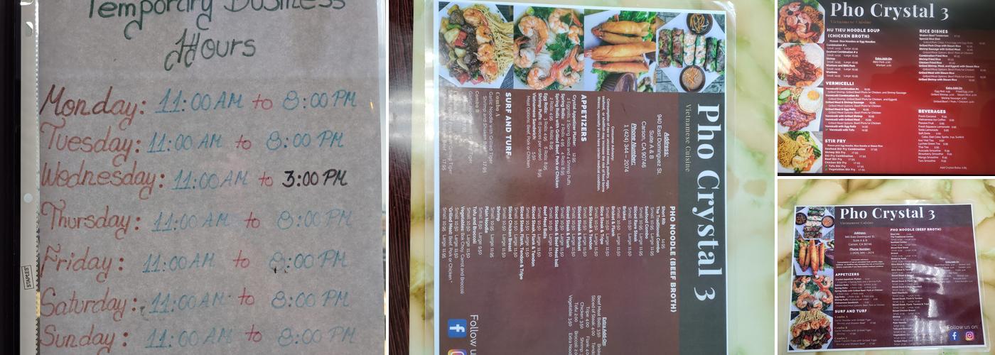 Pho Crystal 3 Menu