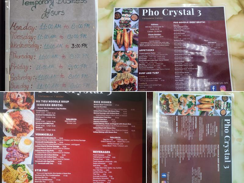 Pho Crystal 3 Menu