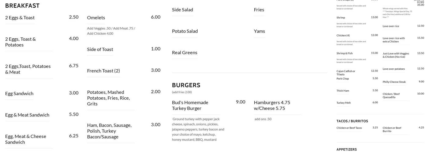 Bud's Bar and Grill Menu