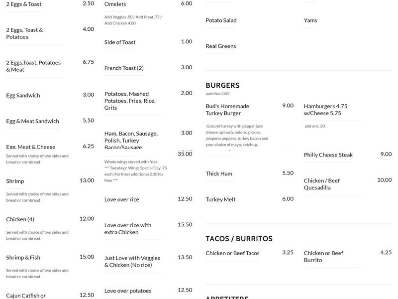 Bud's Bar and Grill Menu