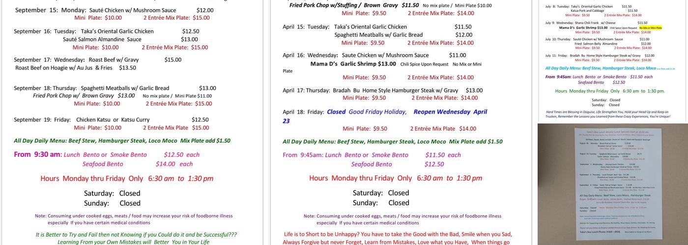 TAKA'S BOX LUNCH Menu