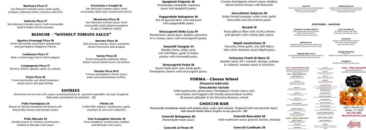 Matteo Trattoria & Pizzeria Menu
