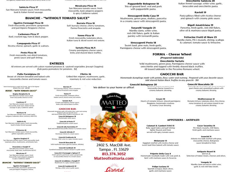 Matteo Trattoria & Pizzeria Menu