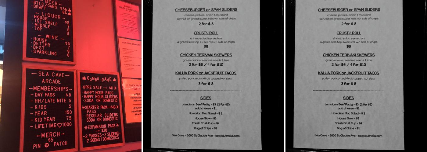 Sea Cave Menu