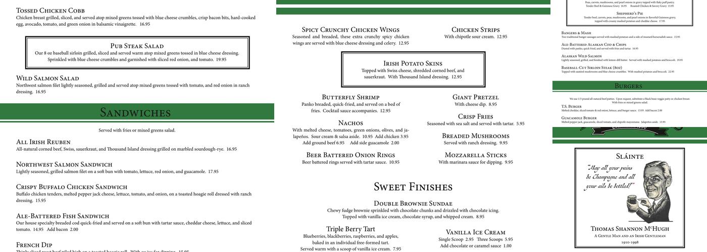 T.S. McHugh's Menu