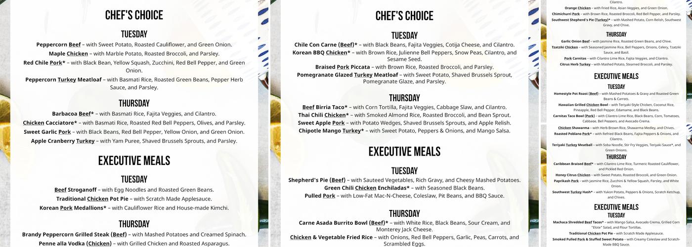 Scratch culinary meal prep Menu