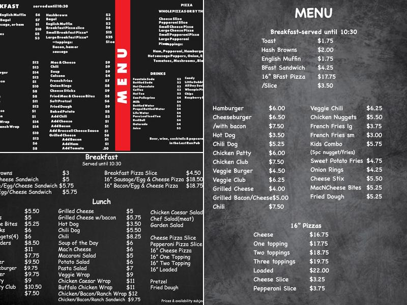 Last Run Pub Menu