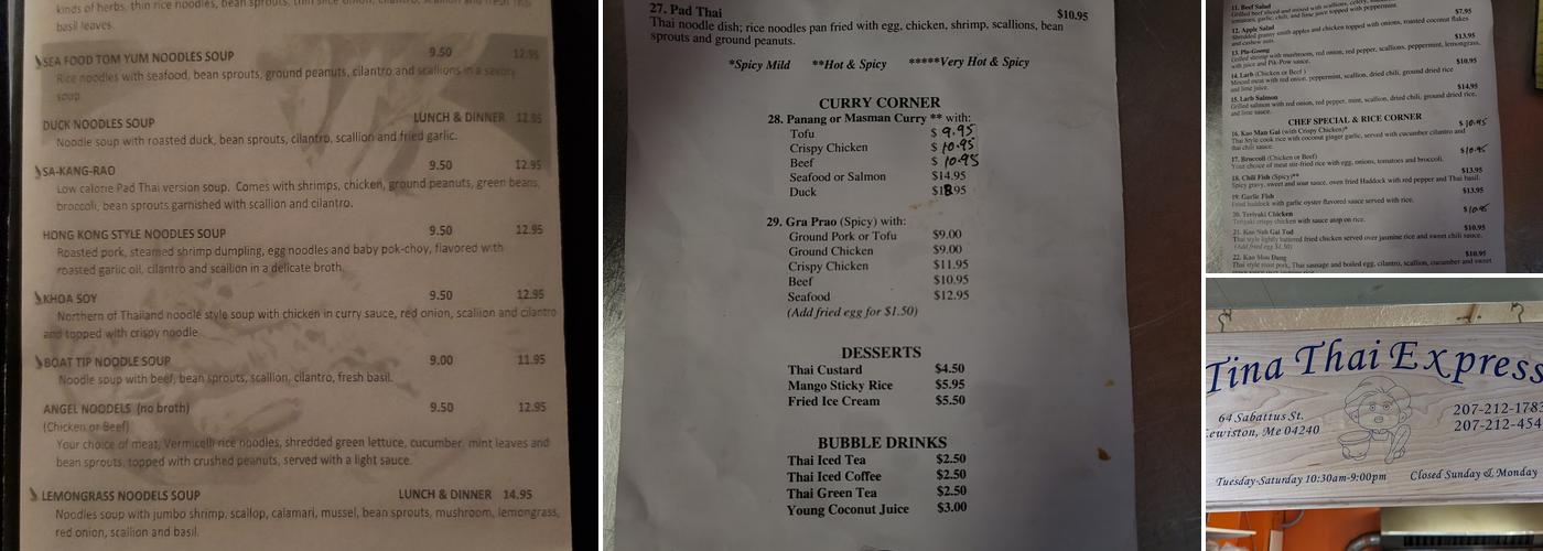Tina Thai Express Menu